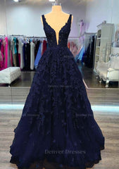 Evening Dress Shops Near Me, A-line V Neck Sleeveless Long/Floor-Length Lace Prom Dress With Beading