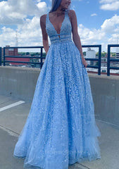 Evening Dress Vintage, A-line V Neck Sleeveless Long/Floor-Length Lace Tulle Prom Dress With Beading Sequins