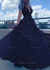 Evening Dress Red, A-line V Neck Sleeveless Long/Floor-Length Lace Tulle Prom Dress With Beading Sequins