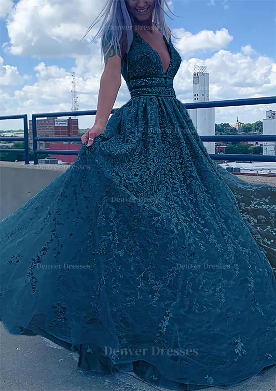 Evening Dress Sleeve, A-line V Neck Sleeveless Long/Floor-Length Lace Tulle Prom Dress With Beading Sequins