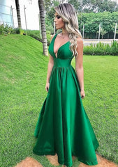 Country Wedding, A-line V Neck Sleeveless Long/Floor-Length Satin Prom Dress With Pleated