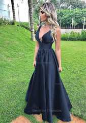 Unique Wedding Ideas, A-line V Neck Sleeveless Long/Floor-Length Satin Prom Dress With Pleated