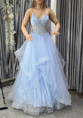Prom Dress Designs, A-line V Neck Sleeveless Long/Floor-Length Tulle Charmeuse Prom Dress With Appliqued Lace