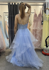 Prom Dresses Website, A-line V Neck Sleeveless Long/Floor-Length Tulle Charmeuse Prom Dress With Appliqued Lace