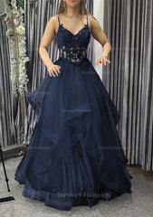Prom Dress Website, A-line V Neck Sleeveless Long/Floor-Length Tulle Charmeuse Prom Dress With Appliqued Lace