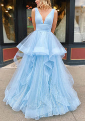 Boho Wedding Dress, A-line V Neck Sleeveless Long/Floor-Length Tulle Glitter Prom Dress With Pleated