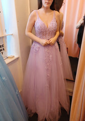 Semi Formal Dress, A-line V Neck Sleeveless Long/Floor-Length Tulle Prom Dress With Appliqued Lace