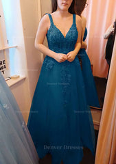 Unique Prom Dress, A-line V Neck Sleeveless Long/Floor-Length Tulle Prom Dress With Appliqued Lace