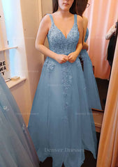 Gold Dress, A-line V Neck Sleeveless Long/Floor-Length Tulle Prom Dress With Appliqued Lace