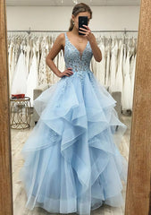 Homecoming Dress Elegant, A-line V Neck Sleeveless Long/Floor-Length Tulle Satin Prom Dress With Lace Appliqued