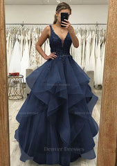 Homecoming Dresses Elegant, A-line V Neck Sleeveless Long/Floor-Length Tulle Satin Prom Dress With Lace Appliqued