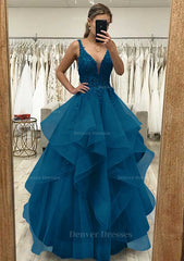 Homecomming Dresses Short, A-line V Neck Sleeveless Long/Floor-Length Tulle Satin Prom Dress With Lace Appliqued