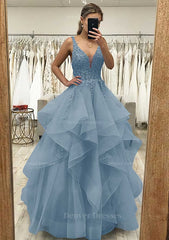 Homecoming Dress Long, A-line V Neck Sleeveless Long/Floor-Length Tulle Satin Prom Dress With Lace Appliqued