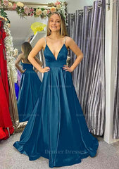Formal Dress Places Near Me, A-line V Neck Sleeveless Satin Sweep Train Prom Dress With Beading