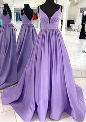 Formal Dresses Long Elegant Evening Gowns, A-line V Neck Sleeveless Satin Sweep Train Prom Dress With Pleated