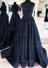 Formal Dresses Off The Shoulder, A-line V Neck Sleeveless Satin Sweep Train Prom Dress With Pleated