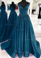 Formal Dresses Corset, A-line V Neck Sleeveless Satin Sweep Train Prom Dress With Pleated