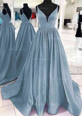 Formal Dresses Cocktail, A-line V Neck Sleeveless Satin Sweep Train Prom Dress With Pleated
