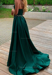 Green Prom Dress, A-line V Neck Sleeveless Satin Sweep Train Prom Dress With Pockets Waistband Split