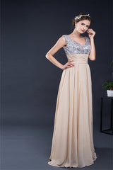 Party Dresses Cocktail, A Line V-Neck Sleeveless Sequins Chiffon Floor Length Prom Dresses
