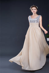 Party Dresses Summer, A Line V-Neck Sleeveless Sequins Chiffon Floor Length Prom Dresses