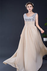 Party Dress For Summer, A Line V-Neck Sleeveless Sequins Chiffon Floor Length Prom Dresses