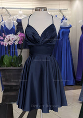 Homecoming Dresses Chiffon, A-line V Neck Sleeveless Short/Mini Charmeuse Homecoming Dress with Pleated