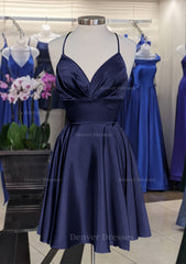 Homecoming Dress Chiffon, A-line V Neck Sleeveless Short/Mini Charmeuse Homecoming Dress with Pleated