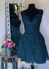 Bridesmaids Dress Ideas, A-line V Neck Sleeveless Short/Mini Tulle Homecoming Dress with Appliqued Beading