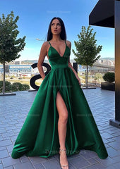 Evening Dress With Sleeves, A-line V Neck Sleeveless Sweep Train Satin Prom Dress