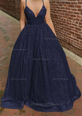 Bridesmaid Dress Dusty Blue, A-line V Neck Sleeveless Sweep Train Sequined Prom Dress with Pockets