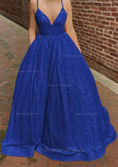 Simple Wedding Dress, A-line V Neck Sleeveless Sweep Train Sequined Prom Dress with Pockets