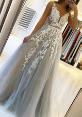 Formal Dress Suits For Ladies, A-line V Neck Sleeveless Sweep Train Tulle Prom Dress With Beading Lace