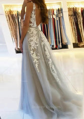 Formal Dress For Beach Wedding, A-line V Neck Sleeveless Sweep Train Tulle Prom Dress With Beading Lace