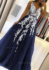 Formal Dresses Modest, A-line V Neck Sleeveless Sweep Train Tulle Prom Dress With Beading Lace