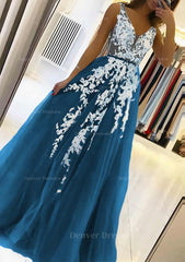 Formal Dresses For Black Tie Wedding, A-line V Neck Sleeveless Sweep Train Tulle Prom Dress With Beading Lace