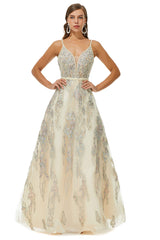 Bridesmaid Dress Neutral, A-line V-neck Spaghetti strap Lace Floor-length Sleeveless Beading Prom Dresses