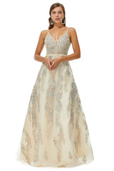 Bridesmaid Dresses Mismatched Spring, A-line V-neck Spaghetti strap Lace Floor-length Sleeveless Beading Prom Dresses