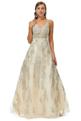 Bridesmaid Dress Sleeveless, A-line V-neck Spaghetti strap Lace Floor-length Sleeveless Beading Prom Dresses