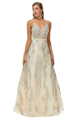 Bridesmaid Dresses Sleeveless, A-line V-neck Spaghetti strap Lace Floor-length Sleeveless Beading Prom Dresses
