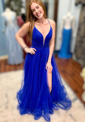 Prom Dress Off Shoulder, A-line V Neck Spaghetti Straps Court Train Tulle Prom Dress With Split