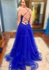 Prom Dresses Long Sleeve, A-line V Neck Spaghetti Straps Court Train Tulle Prom Dress With Split