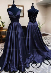Evening Dress V Neck, A-line V Neck Spaghetti Straps Long/Floor-Length Charmeuse Prom Dress With Pleated