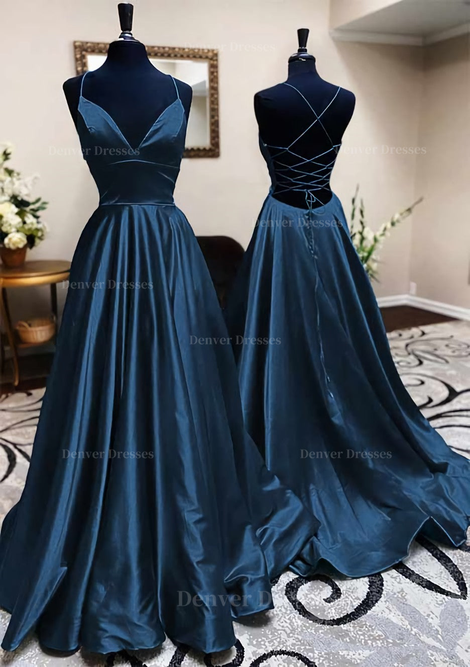 Evening Dresses V Neck, A-line V Neck Spaghetti Straps Long/Floor-Length Charmeuse Prom Dress With Pleated