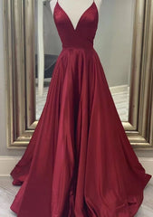 Prom Dress Champagne, A-line V Neck Spaghetti Straps Long/Floor-Length Charmeuse Prom Dress With Pockets