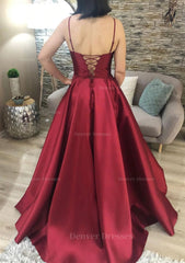Prom Dresses Blue Light, A-line V Neck Spaghetti Straps Long/Floor-Length Charmeuse Prom Dress With Pockets