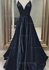 Prom Dress Corset Ball Gown, A-line V Neck Spaghetti Straps Long/Floor-Length Charmeuse Prom Dress With Pockets