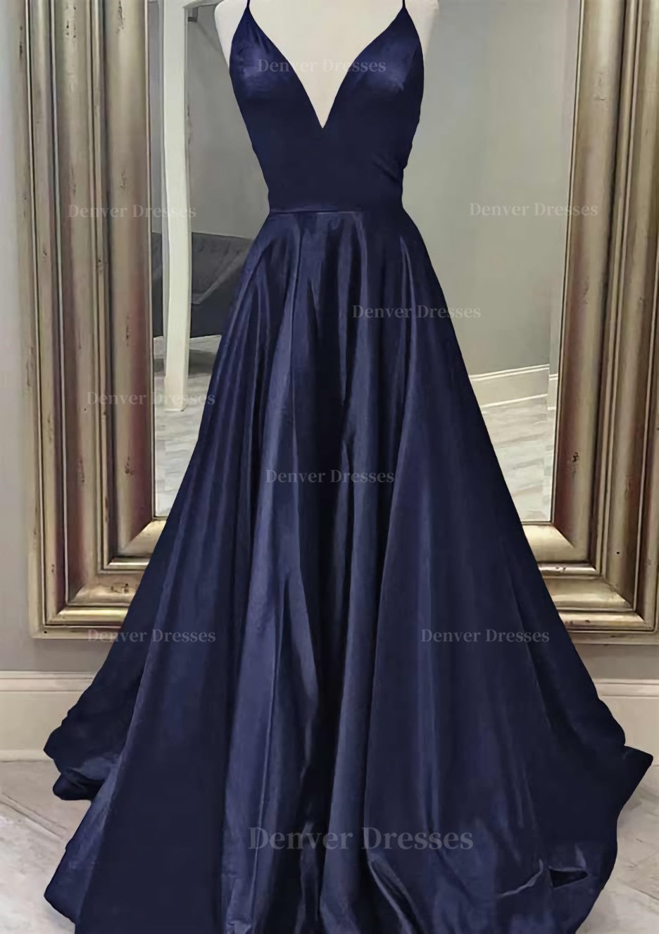 Prom Dress Fairy, A-line V Neck Spaghetti Straps Long/Floor-Length Charmeuse Prom Dress With Pockets
