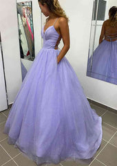 Prom Dresse Backless, A-line V Neck Spaghetti Straps Long/Floor-Length Glitter Prom Dress With Pockets