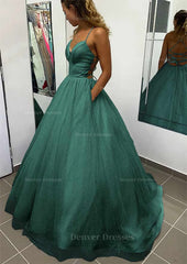 Prom Dresses Modest, A-line V Neck Spaghetti Straps Long/Floor-Length Glitter Prom Dress With Pockets